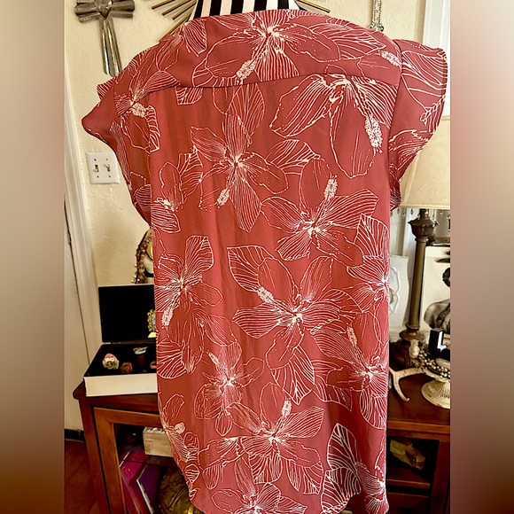 Tropical Palm Print Ruffle Cap Sleeves Casual Cute Top Burnt Orange Fun2Fun MED - Picture 5 of 8